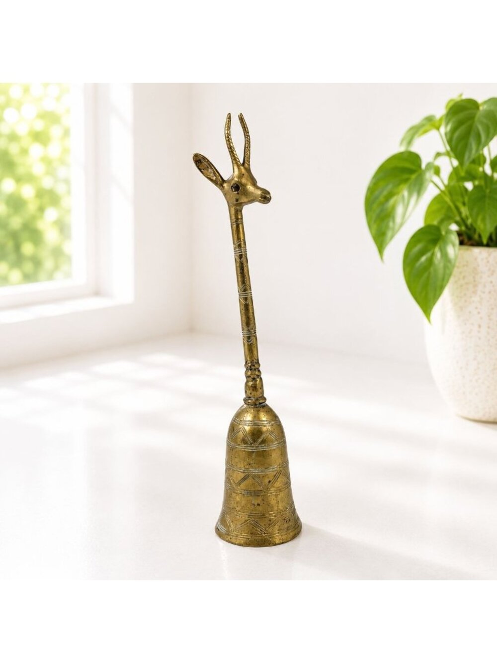 Vintage Brass Antelope Head Hand Bell With Intricate Detailing 10 Inches Tall El